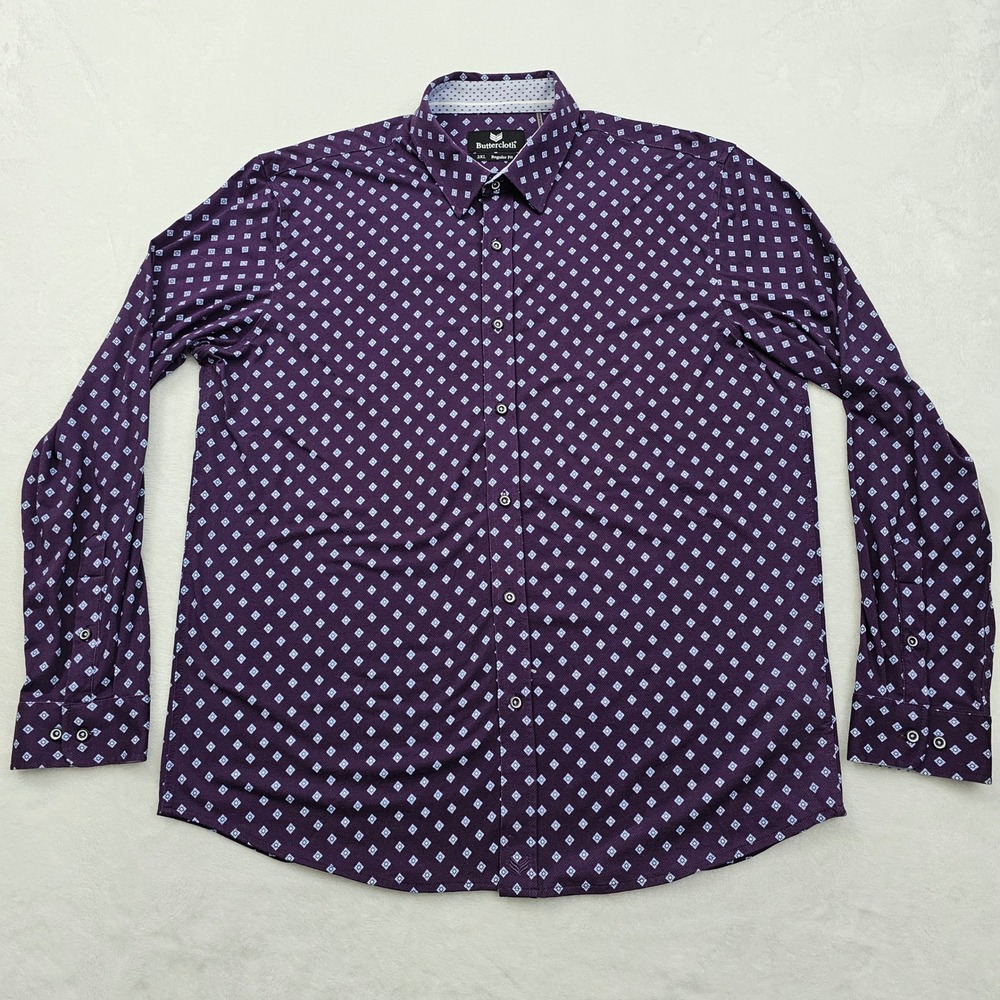 Buttercloth Button Up Shirt Mens 2XL Purple Geometric Knit Stretch Regular Fit - Picture 2 of 9
